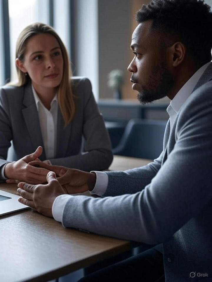 Two people in a mediation session with a neutral facilitator, illustrating attempts to resolve family disputes outside court